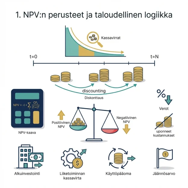 Minimalistinen editorial-header: runsas valkoinen tila, ohuet precise linjat ja rajattu väripaletti (syvä laivastonsininen, teal, kulta). Kompleksi mutta rauhallinen sommitelma sisältää vaakatasoisen aikajanan t=0→t=N, kolikoiden pinot pienenevät kohti t=0 ja nuolet merkittynä "discounting", pieni laskinruutu kaavalla NPV = -I + Σ CF_t/(1+r)^t, vaaka joka näyttää vihreän positiivisen ja punaisen negatiivisen puolen, alkuinvestointi-ikoni (rakennus/seteli), käyttökatteet (hammasratas+kolikko), käyttöpääoma (ympyräiset nuolet+kolikot), terminaaliarvo-lippu+kolikko, prosenttimerkki veroille, lävistetty sunk-cost-ikoni, laskeva nykyarvokäyrä, suurennuslasi korostamassa mukaan otettavia kassavirtoja sekä hienovaraiset suomenkieliset nimitykset. Moderni sans-serif, geometriset muodot ja hentot varjostus tekevät kuvasta editorial-valmiin otsikon kuvituksen.