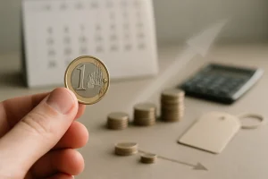 Close-up of a hand holding a single euro in sharp focus — symbolizing present value. In the background, a softly blurred calendar page and a row of coin stacks diminishing from front to back, placed along a subtle timeline, depicting future cash flows being discounted. A faint downward light arrow suggests discounting; at the side, a small calculator and a muted price tag hint at inflation and risk. Soft natural lighting, shallow depth of field, neutral desk surface, and minimalism — no visible text.