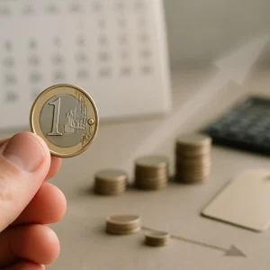 Lähikuva kädestä, joka pitelee yhtä euroa terävässä tarkennuksessa — symboloi nykyarvoa. Taustalla pehmeästi epäterävä kalenterin sivu ja edestä taakse päin pienenevä kolikkopinorivi sijoitettuna hienovaraiselle aikajanalle, kuvaamassa tulevia diskontattavia kassavirtoja. Hento alaspäin suuntautuva valoviiva vihjaa diskonttausta; sivussa pieni laskin ja hillitty hintalappu vihjaavat inflaatioon ja riskiin. Pehmeä luonnonvalo, matala syväterävyys, neutraali pöytäpinta ja minimalismi — ei näkyvää tekstiä.