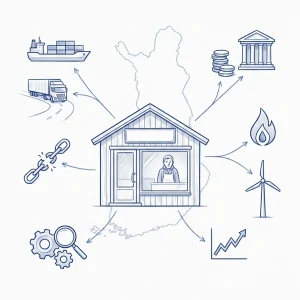 Ballpoint-pen (blue ink, monochrome) editorial sketch centering a small Finnish SME storefront with a worried owner visible inside. Thin, delicate lines radiate from the shop to clear, minimal icons: a cargo ship with containers, a lorry on a road, a broken chain link (supply disruption), stacked coins and a simple bank building (finance), an oil/gas flame and a wind turbine (energy and price volatility), interlocking gears and a magnifying glass (risk management and solutions), and a small zigzag price line (market fluctuation). A faint outline of Finland sits behind the shop. Lots of negative space, clean silhouettes, light cross-hatching, stippling and linear shading provide depth; overall calm, informative tone with high readability and no dramatic or graphic conflict imagery.