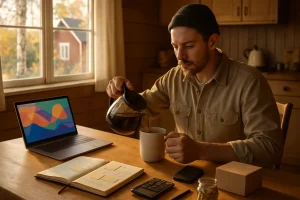 A warm, photorealistic morning in a cozy Finnish farmhouse kitchen: a focused micro-entrepreneur in simple work clothes pours strong coffee at a tidy wooden table while soft light through a window frames birch trees and a red house outside. On the table—an open laptop with an abstract colorful dashboard (no text), a handwritten notebook with sketches and blank sticky notes, a small cardboard shipping box, a glass jar of coins, an external hard drive, smartphone, calculator and pen—arranged with minimal, organized composition and shallow depth of field, conveying calm productivity and homegrown enterprise.