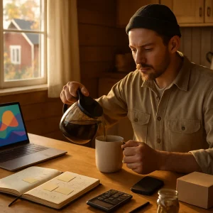 A warm, photorealistic morning in a cozy Finnish farmhouse kitchen: a focused micro-entrepreneur in simple work clothes pours strong coffee at a tidy wooden table while soft light through a window frames birch trees and a red house outside. On the table—an open laptop with an abstract colorful dashboard (no text), a handwritten notebook with sketches and blank sticky notes, a small cardboard shipping box, a glass jar of coins, an external hard drive, smartphone, calculator and pen—arranged with minimal, organized composition and shallow depth of field, conveying calm productivity and homegrown enterprise.