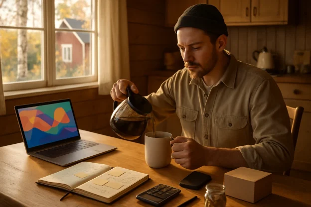 A warm, photorealistic morning in a cozy Finnish farmhouse kitchen: a focused micro-entrepreneur in simple work clothes pours strong coffee at a tidy wooden table while soft light through a window frames birch trees and a red house outside. On the table—an open laptop with an abstract colorful dashboard (no text), a handwritten notebook with sketches and blank sticky notes, a small cardboard shipping box, a glass jar of coins, an external hard drive, smartphone, calculator and pen—arranged with minimal, organized composition and shallow depth of field, conveying calm productivity and homegrown enterprise.