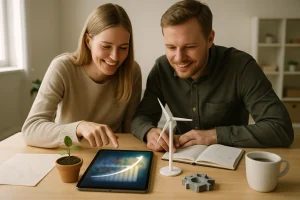 Two Finnish entrepreneurs in their mid-30s lean over a light wooden table in a bright Scandinavian workspace, collaborating under soft natural daylight and minimal modern interiors. On the table: a tablet with abstract, blurred data visualizations and a glowing upward growth curve, a folded contour map, a small potted seedling and a tiny wind‑turbine model, a 3D‑printed prototype, a neat sketch notebook and a coffee cup. Warm neutral tones, shallow depth of field and clean composition convey a practical, data-driven roadmap to innovation and sustainable growth.