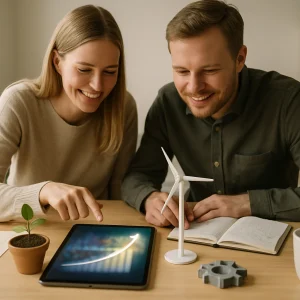Two Finnish entrepreneurs in their mid-30s lean over a light wooden table in a bright Scandinavian workspace, collaborating under soft natural daylight and minimal modern interiors. On the table: a tablet with abstract, blurred data visualizations and a glowing upward growth curve, a folded contour map, a small potted seedling and a tiny wind‑turbine model, a 3D‑printed prototype, a neat sketch notebook and a coffee cup. Warm neutral tones, shallow depth of field and clean composition convey a practical, data-driven roadmap to innovation and sustainable growth.
