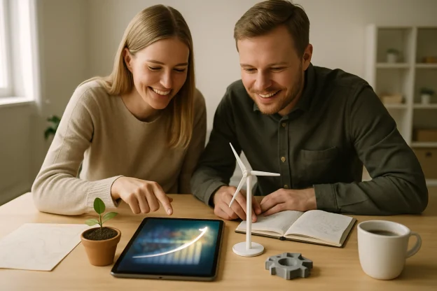 Two Finnish entrepreneurs in their mid-30s lean over a light wooden table in a bright Scandinavian workspace, collaborating under soft natural daylight and minimal modern interiors. On the table: a tablet with abstract, blurred data visualizations and a glowing upward growth curve, a folded contour map, a small potted seedling and a tiny wind‑turbine model, a 3D‑printed prototype, a neat sketch notebook and a coffee cup. Warm neutral tones, shallow depth of field and clean composition convey a practical, data-driven roadmap to innovation and sustainable growth.