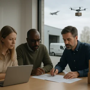 Three diverse leaders in casual business clothes lean over a simple meeting table, studying a laptop, shipping boxes and paperwork in a bright, modern office that opens onto a warehouse. Through a large window a delivery van waits at the loading dock while an overcast Nordic sky frames a distant military jet and a cargo drone; a subtle telecom mast and birch trees punctuate the background. Calm, pragmatic mood with soft natural daylight, shallow depth of field and a clean, minimalist composition suggesting small‑business logistics meeting broader technological and geopolitical currents.