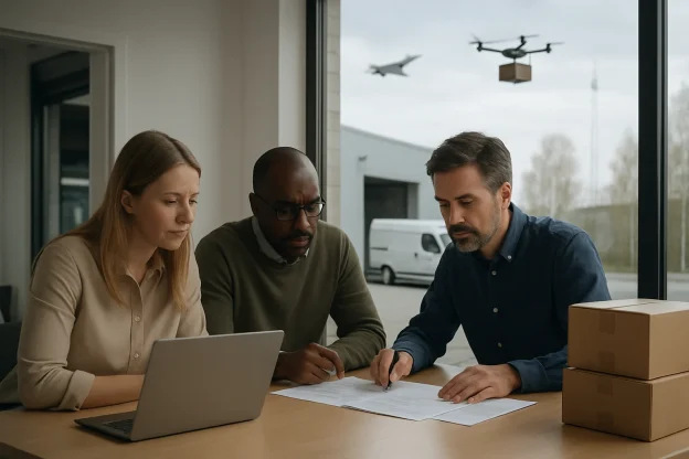 Three diverse leaders in casual business clothes lean over a simple meeting table, studying a laptop, shipping boxes and paperwork in a bright, modern office that opens onto a warehouse. Through a large window a delivery van waits at the loading dock while an overcast Nordic sky frames a distant military jet and a cargo drone; a subtle telecom mast and birch trees punctuate the background. Calm, pragmatic mood with soft natural daylight, shallow depth of field and a clean, minimalist composition suggesting small‑business logistics meeting broader technological and geopolitical currents.