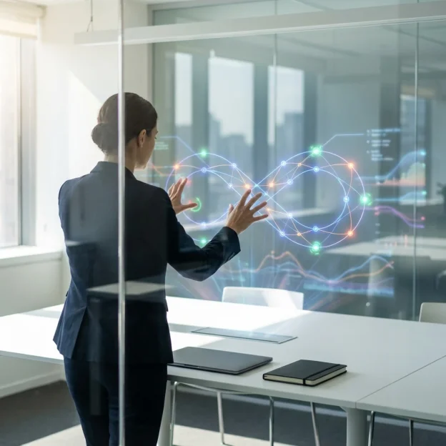 Photorealistic scene of a focused businessperson in a glass‑walled meeting room standing over a minimalist white table, manipulating a translucent holographic interface of interconnected glowing nodes and lines that form a continuous learning loop. Subtle green and red pulses mark win/loss signals while faint flowing charts and numeric streams hint at analytics and AI; a closed laptop and notebook rest on the table amid soft natural daylight, cinematic realistic lighting and shallow depth of field.