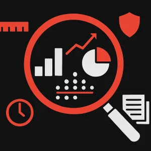 Flat vector infographic on a black field with red accents: a central magnifying glass overlays four simplified data visuals — a minimalist bar chart, a clean line time-series with trend arrow, a pie/gauge showing a percent slice, and a dot plot with a bold average/median line — arranged in a balanced circular/grid composition. Small geometric supporting icons (ruler for measurement scales, shield for data quality, clock for time comparisons, stacked documents for sources) surround the visuals; limited palette of black, white, gray and red, generous negative space, crisp strokes and clear hierarchy for easy reading at thumbnail size, no text or labels.