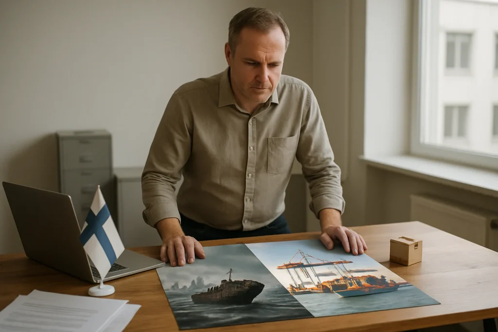 Photorealistic portrait of a Finnish small-business owner standing at a wooden desk with a laptop, scattered papers and a small Finnish flag. The tabletop presents a visual split: left shows a blurred war-torn skyline and a damaged cargo ship on a stormy sea (risk); right shows a bright harbor with cranes, stacked containers and a small product prototype (opportunity). Soft natural light, neutral palette, shallow depth of field and an uncluttered composition underscore a thoughtful moment between threat and promise.
