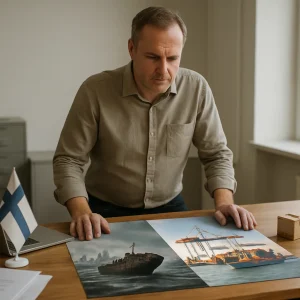 Photorealistic portrait of a Finnish small-business owner standing at a wooden desk with a laptop, scattered papers and a small Finnish flag. The tabletop presents a visual split: left shows a blurred war-torn skyline and a damaged cargo ship on a stormy sea (risk); right shows a bright harbor with cranes, stacked containers and a small product prototype (opportunity). Soft natural light, neutral palette, shallow depth of field and an uncluttered composition underscore a thoughtful moment between threat and promise.